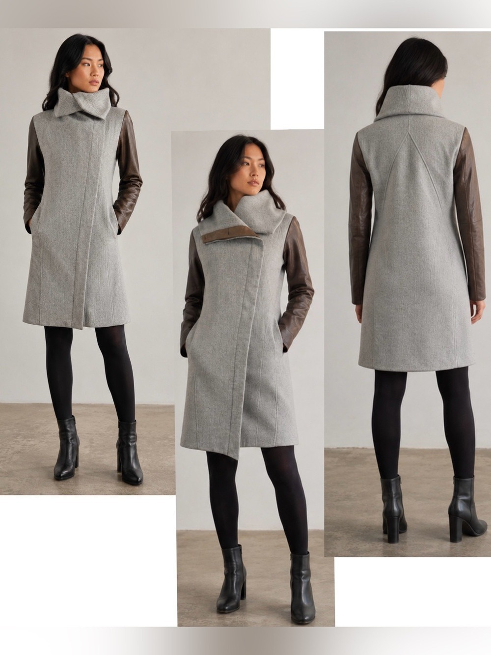 HELMET Lang wool & Lamb Leather brown gray colour block pattern coat Sz XS